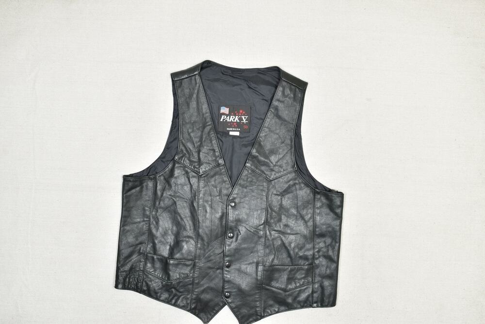 PARK V Men's Black Leather Motorcycle Vest Biker Size 50 Long Made in USA